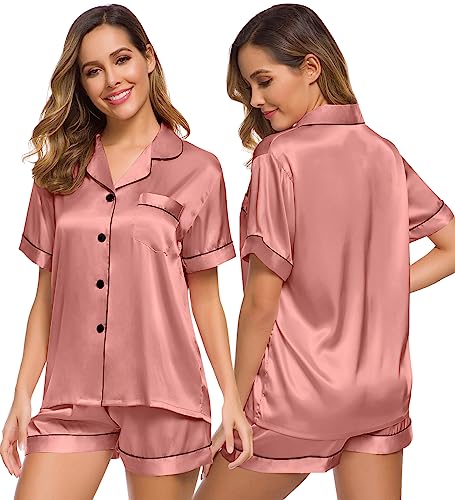SWOMOG Women Silk Satin Sleepwear Button Down Pajamas Set 2 Pcs Short Sleeve Loungewear