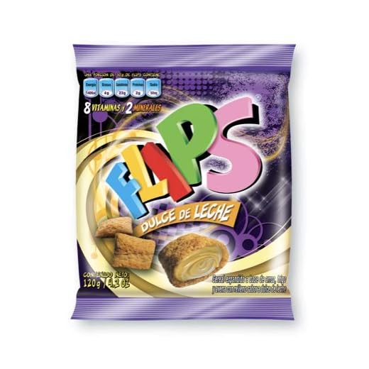 FLIPS DULCE DE LECHE Venezuela. Bolsa 120 gr / 4.2 oz. Cereal a base de arroz, trigo y avena en forma de almohaditas, con delicioso relleno sabor a dulce de leche