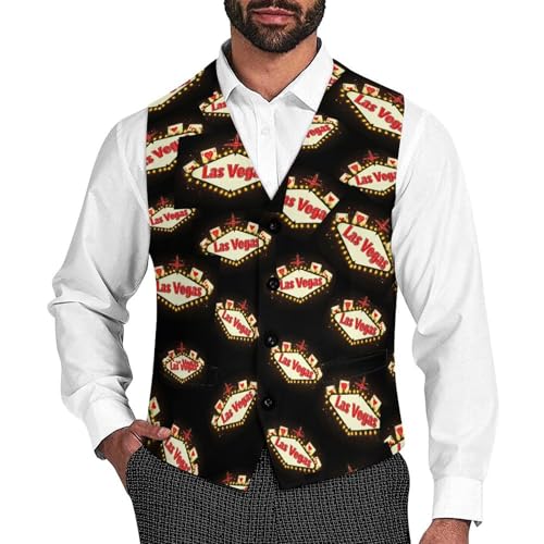 Fabulous Las Vegas Playing Card Suit Vest for Men Slim Fit Tuxedo Waistcoat Button Down V Neck Business Dress Coat