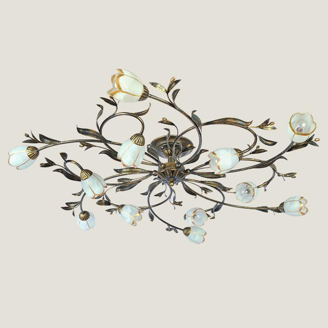 KXEcoLife American retro ceiling lamp, creative flower-shaped LED pastoral chandelier, simple European living room French lamp for bedroom,12 Heads