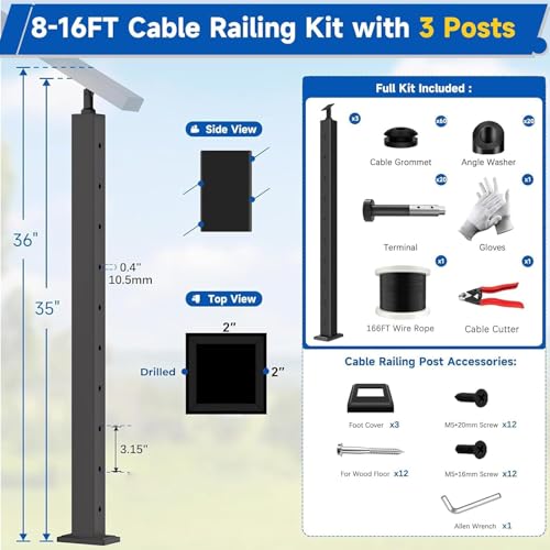 Image of 36 inch 8-16FT Swageless Modular Black Cable Railing System Post Kit with 2 Stair Posts Fit 28-38 Degree Stairway, T304 Stainless Steel, Patent Reusable Cable Railing Kit, Upgraded Powder Coated