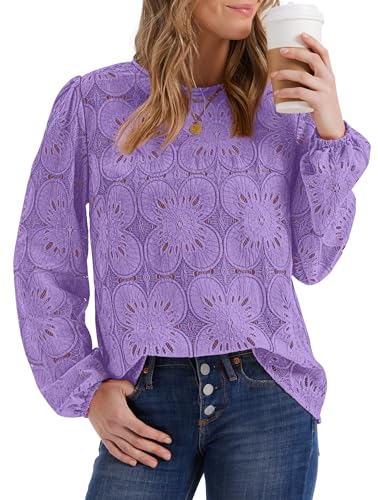 Image of OFEEFAN Blouses for Women Dressy Casual Spring Tops 2026 Summer Outfits Flower Lace Crochet Long Sleeve Shirts