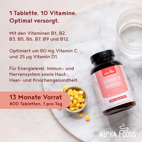 Vitamin B-Komplex | 400 hochwirksame vegane Tabletten (1 Jahr+ Vorrat) | Alle 8 B-Vitamine B1-B2-B5-B6-B12, Biotin, Folsäure, Vit C & D3 | Energie-Boost & Immun-Unterstützung | Alpha Foods