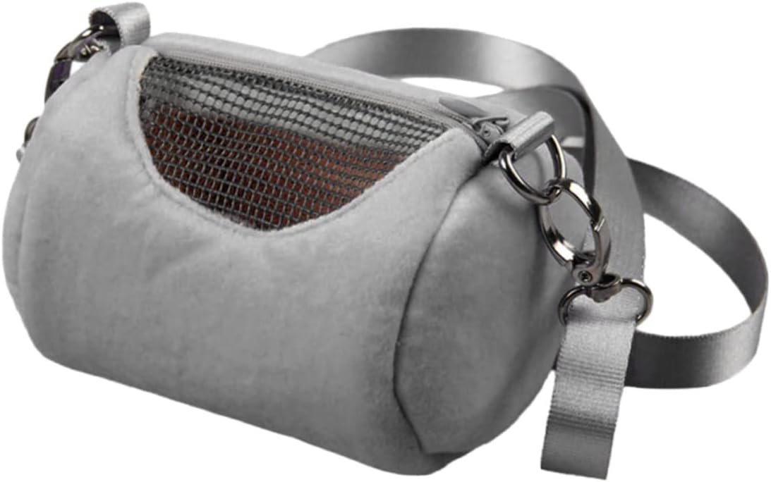 Portable Round Hamster PET Carrier Bag with Breathable Mesh | Soft Plush, Extendable Buckle Strap, Outdoor Travel Use, Camping Friendly Design, Grey Finish