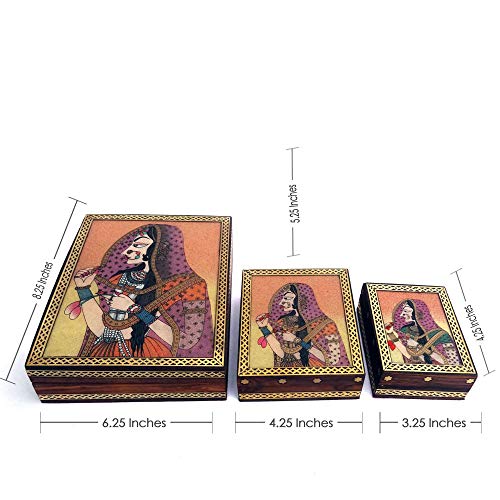 Image of Gemstone Bani Thani Print Wooden Jewelry Box for Women, Brass Border Painting (5.28)