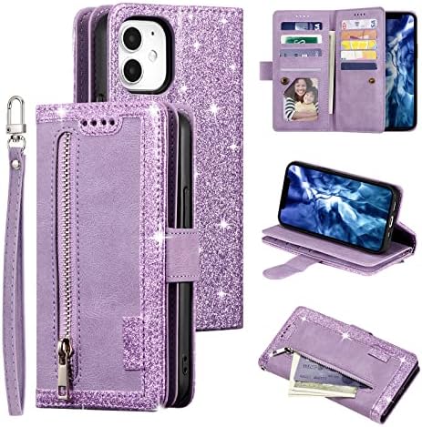 UEEBAI Wallet Case for iPhone 12 mini 5.4 inch, Retro 9 Card Holder Slots Zipper Pocket Handbag Case PU Leather Magnetic Closure Kickstand with Wrist Strap TPU Shockproof folio Case - Blue