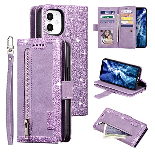 UEEBAI Wallet Case for iPhone 12 Mini, Retro 9 Card Holder Slots Zipper Pocket Case PU Leather Magnetic Closure Kickstand with Wrist Strap TPU Shockproof Flip Cover - Glitter Purple by UEEBAI - Used condition - CA$3.35