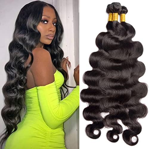 Body Wave Human Hair Bundles Human Hair Brazilian Virgin Body Wave Bundles (16 16 16 Inch) Ocean Wave 100% Unprocessed Weave Bundles Human Hair 3 Bundles Natural Black Color Hair Extensions For Black Women #TOP4