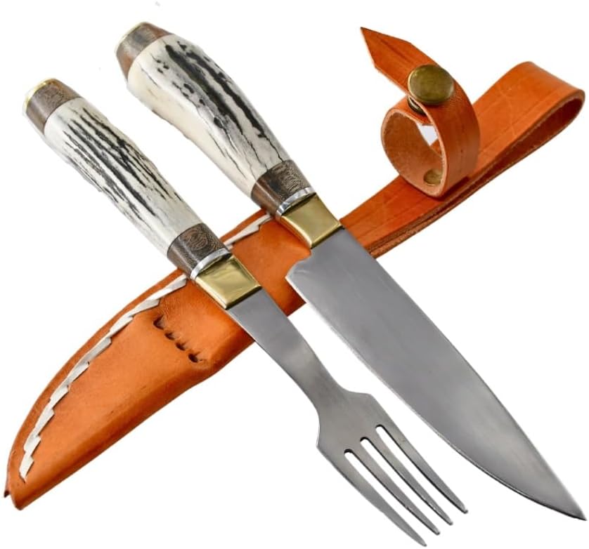 Gaucho Barbecue Set with Knife and Fork Stainless Steel with Deer Handle and Cow Skin Sheath. Sor Pampa Grill