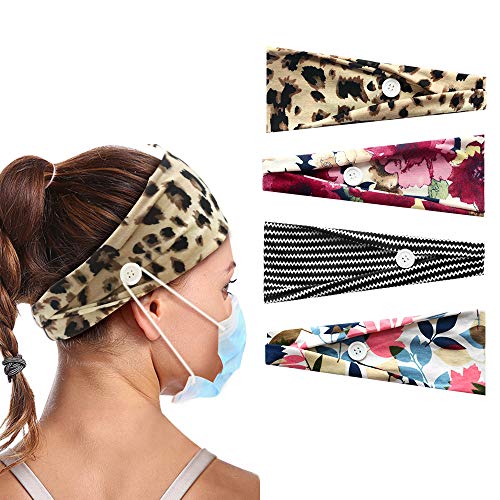 AD ADTRIP Headband with Buttons for Face Mask Boho Headbands for Women Yoga Workout Sports Hair Bands Non-Slip Nurse Headbands 4Pcs