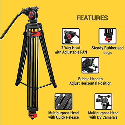 Image of DIGITEK (DPTR-600VD) 163CM Platinum Heavy Duty Video Tripod, 2-Way Pan Head, Max Load 20kg, Black, Rubberized Legs, Bubble Head, 3-Section Adjustment, 4.1kg Weight, for DSLR Cameras & Video Camcorders