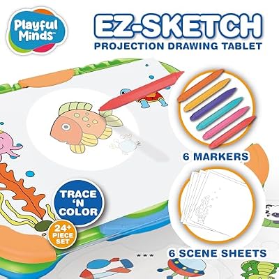 Playful Minds EZ Sketch Projector Drawing Tablet, 24 Piece Trace and Color Light Up Projection for Tracing and Sketching Includes 64 Traceable Cartoon Characters, 6 Markers