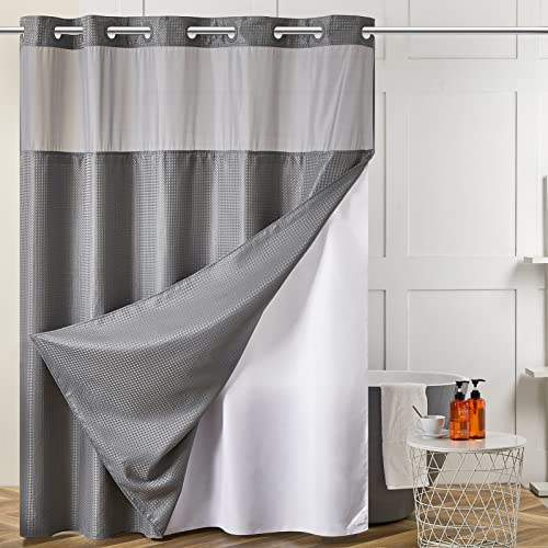 Furlinic No Hooks Needed Waffle Weave Shower Curtain with Snap in Fabric Liner,Honeycomb Texture Bathroom Curtains with See Through Top Window,Waterproof,Grey,71x96 Inch by Furlinic - Used condition - US$29.43