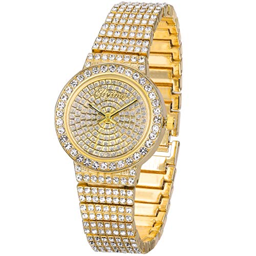Men's Iced Out Watch - Bling-ed Out Diamond Watch with Quartz Movement Crystal Rhinestone Diamond for Men - Adjustable Rolly Watch Bracelet Set for Hip Hop (5.Gold)