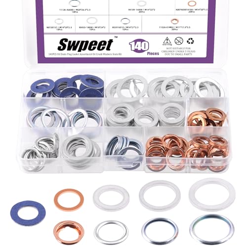 Swpeet 140Pcs 9 Types Oil Drain Plug Gasket Assortment Kit, Aluminum/Copper/Steel Oil Crush Washers Seals Kit Compatible with Toyota Honda Subaru VW Mercedes Benz