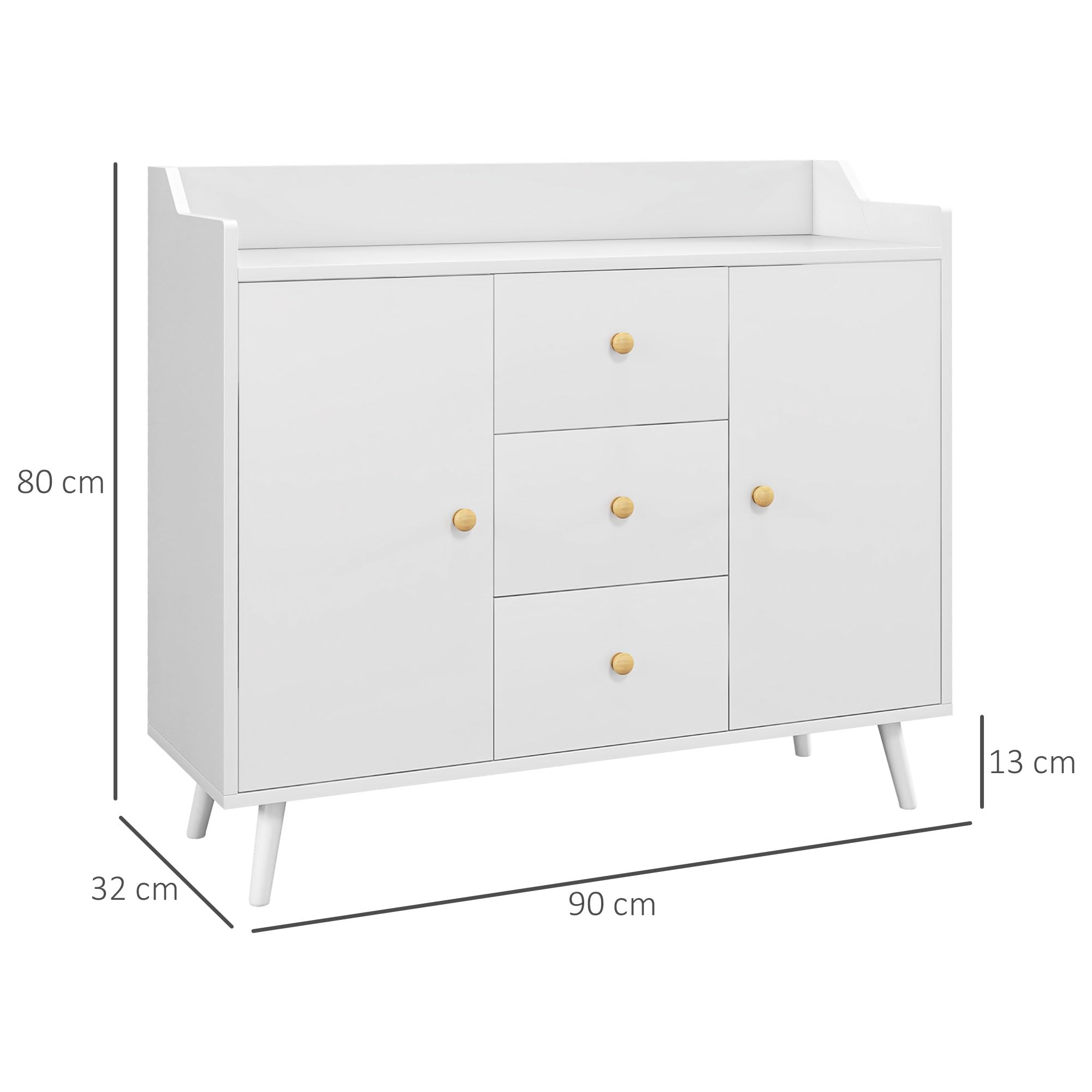 HOMCOM Aparador de Salón Moderno, Aparador de Cocina 90x32x80 cm Blanco | 2 Puertas, 3 Cajones, Patas de Madera de Pino, para Entrada Comedor Pasillo Dormitorio