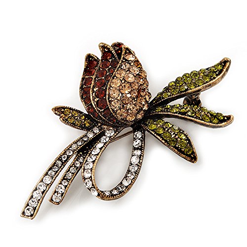 Vintage Burn Gold Crystal Rose Brooch (Clear, Citrine, Olive &