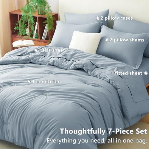 CozyLux Queen Comforter Set Grayish Blue, 7 Pieces Bed in a Bag Queen Comforter Set with Sheets, Bedding Sets with Down Alternative Comforter, Fitted Sheets, Flat Sheets, Pillow Shams and Pillowcases