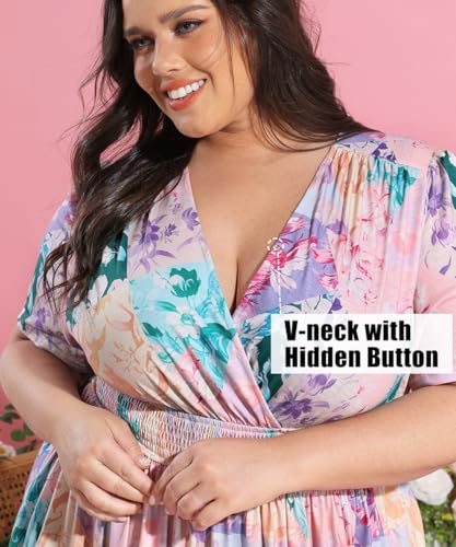 Image of CARCOS Plus Size Dresses for Curvy Women V Neck Summer Maxi Dress Short Sleeve Floral Boho Dress Smocked Waist Beach Dress