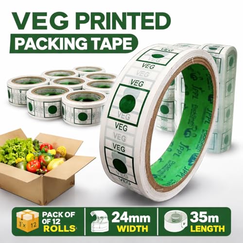 Image of Veg Tape Printed | 35 Meter in Length | Pack of 12 | 24 mm / 1 inch Width | Veg Printed Tape With Green Marking, Self Adhesive Tape for Packing Boxes