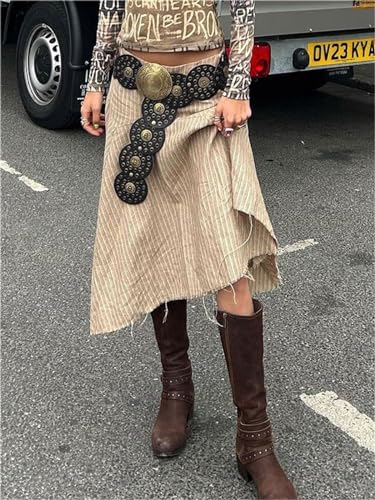 Alyweatry Women Wide Disc Leather Belt Western Style Vintage Boho Metal Buckle Y2k Aesthetic Hollow Concho Belt3