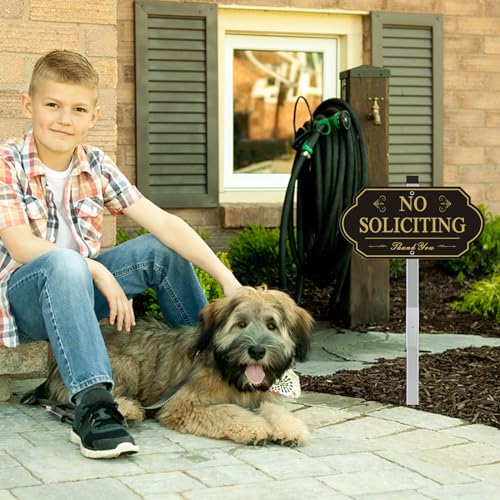 Image of Heavy Duty No Soliciting Sign for House - All Metal Construction No Soliciting Yard Sign - 14 inch x 7 inch - Aluminum - with 28 inch Stake