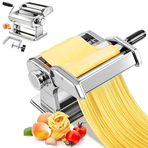 Silver Pasta Maker 2-in-1 Noodles Maker with Rollers and Cutter Pasta Maker Machine for Spaghetti Fettuccini Lasagna or Dumpling Skin 21 * 21 * 15Cm