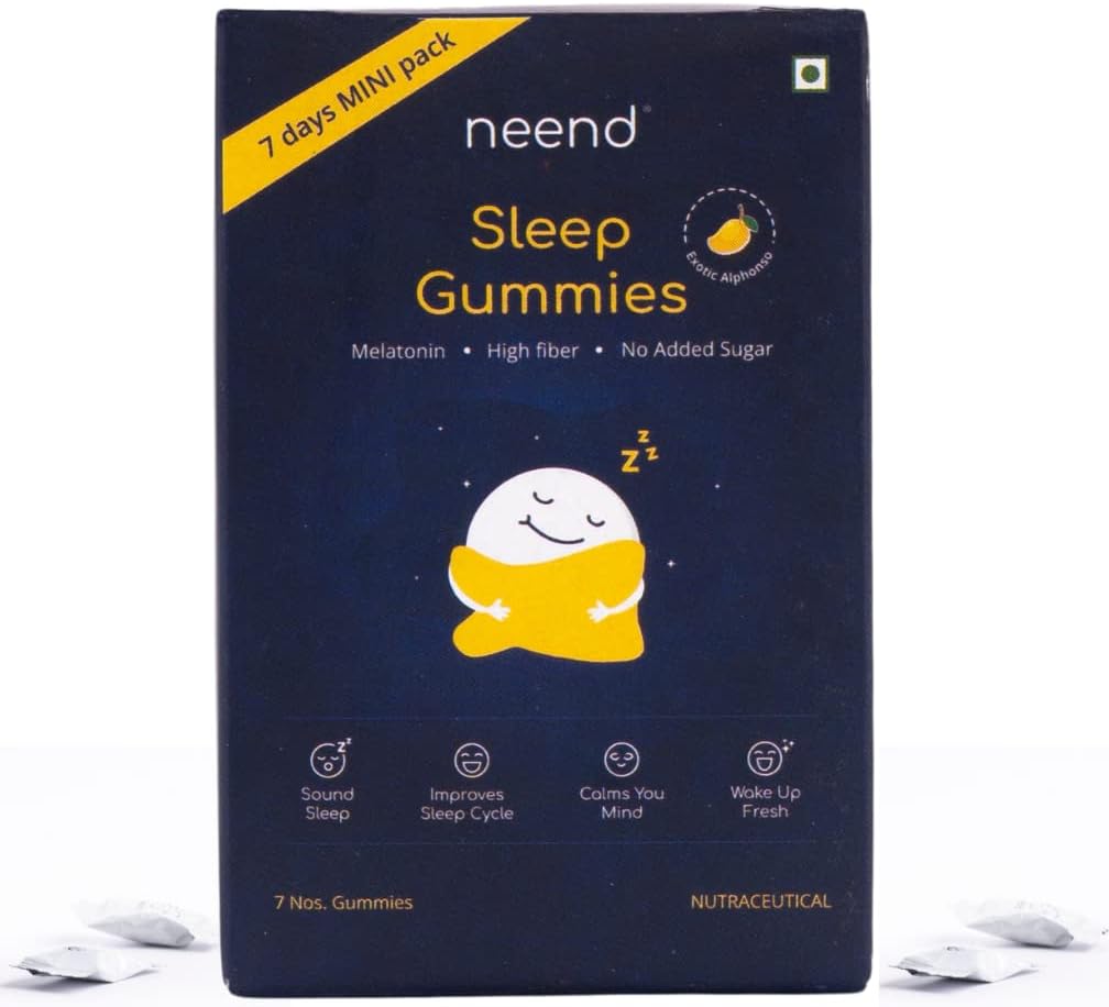 NEEND Melatonin Sleep Gummies (7 Gummies Pack) | Natural Sleeping Aid for Deep Sleep | 100% Veg for Stress Relief, Relaxation & Insomnia | Mango Flavoured (5mg Melatonin) | Chamomile & Valerian Root Extract