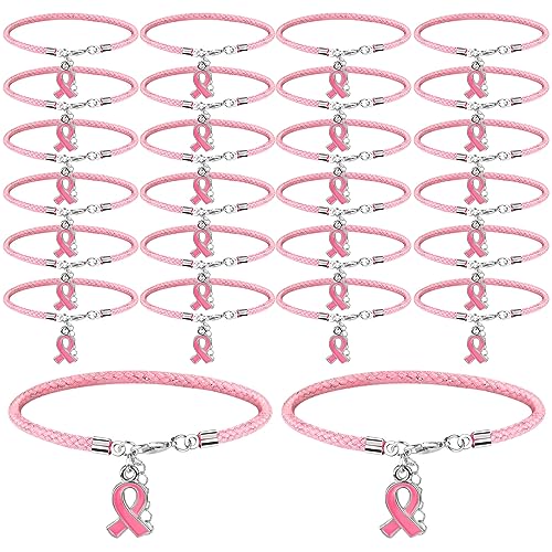 Karenhi 24 Pcs Breast Cancer Awareness Adjustable Bracelets with Pink Ribbon Charms for Women Breast Cancer Awareness Gifts