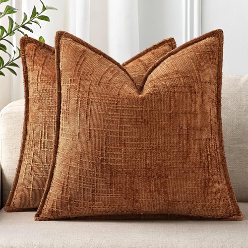 decorUhome Chenille Fall Throw Pillow Covers 20x20 Set of 2 Soft Textured Slubby Modern Decorative Pillow Covers with Elegant Design for Couch Sofa Living Room Rust