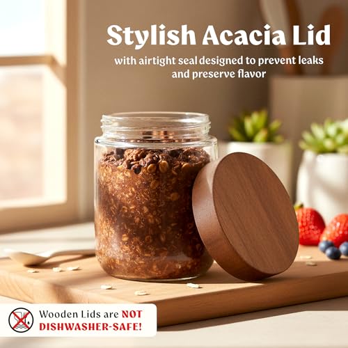 Image of Overnight Oats Containers with Lids - Glass Mason Jars, Meal Prep | Acacia Wood, Airtight Silicone Seal Set of 4 - Stackable for Chia Pudding, Yogurt, Cereal, Oatmeal, Salad, Pantry Storage
