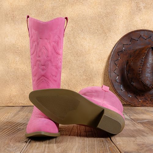DREAM PAIRS Women's Cowboy Boots Pull On Cowgirl Boots Mid Calf Western Boots, Available in Regular and Wide Calf,Size 7.5,Hot Pink,SDMB2218W