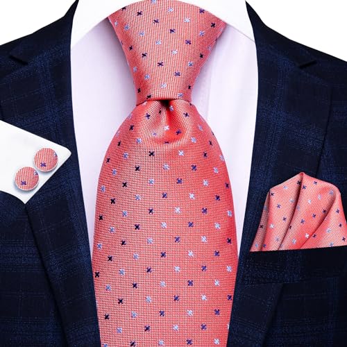 Image of Hi-Tie Mens Plaid Ties Classic Paisley Necktie with Handkerchief Cufflinks Set Business Stripe Tie