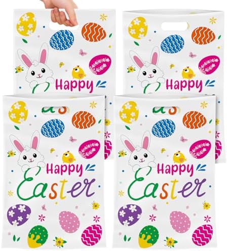 40 Pack Happy Easter Treat Bags, Colorful Easter Gift Bags with Handles, Plastic Easters Eggs Bunny Goodie Candy Tote Favor Bag for Easters Egg Hunt Party Supplies and Gifts Wrapping, 6.5 X 10 inch