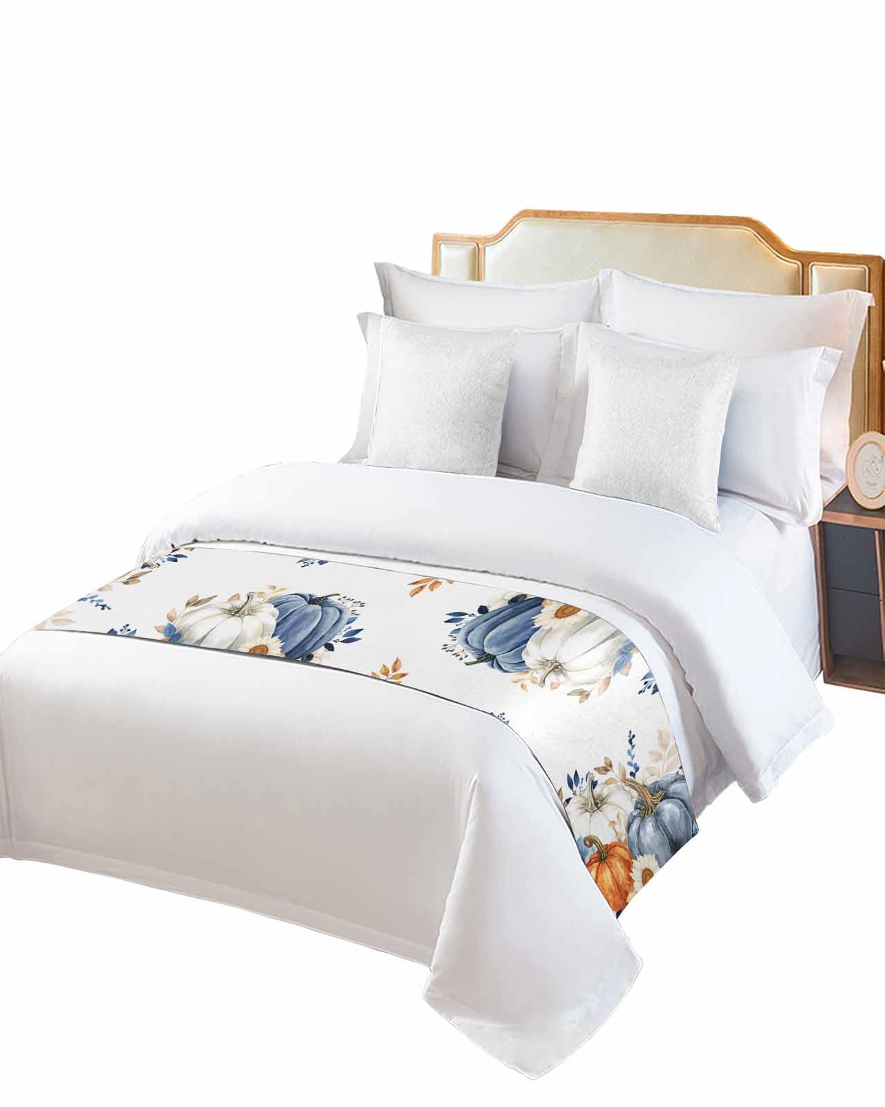 DecorLovee Fall Blue Pumpkins Bed Runners for Queen Size Bed, Orange Gray Thanksgiving Decorative Bed Throws for Foot of Bed, Botanical Bed Runner Sofa Throw Bedding Scarf Slipcover for Bedroom