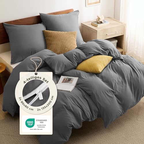 BEDSURE Bettwäsche 135x200 4teilig Anthrazit - 2 Bettbezüge 135x200 cm + 2 Kissenbezüge 80X80 cm, ÖKO-TEX Bettwäsche-Sets Grau Polyester Mikrofaser mit Reißverschluss