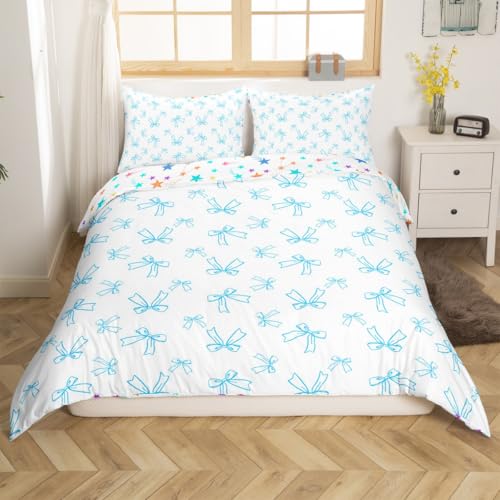 meiyoeat Blue Bowknot Bedding Set Dreamy Princess Style Duvet Cover Set Kids Boys Girls Watercolor Bow Comforter Cover White Blue Bow Quilt Cover with 1 Pillowcase 2Pcs Bedding Toddler,No Comforter