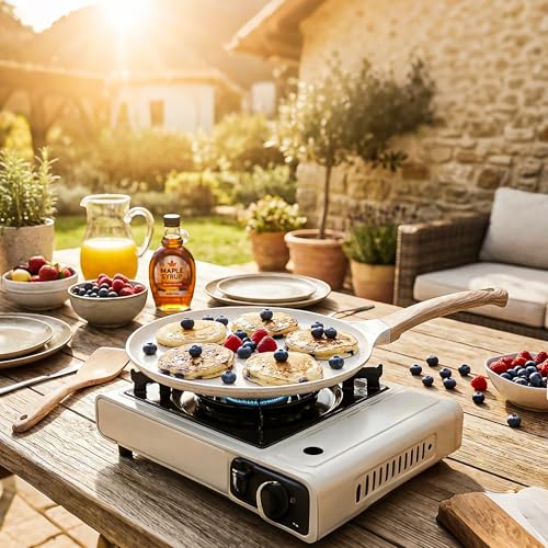 Image of Hiceeden Nonstick Crepe Pan with Spreader, 10-Inch Tortilla Pan with Detachable Handle, Ceramic Coating Pancake Dosa Tawa Griddle Pan, for All Stove, Induction Compatible, PFOA Free (White)