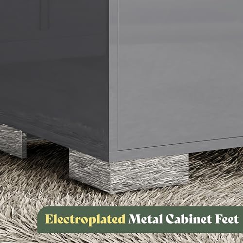 Image of AMERLIFE Nightstand, 23.6'' Modern End Table with Drawers, High Gloss UV Finish, Electroplated Pull Handle, Bedside Table for Bedroom, Grey