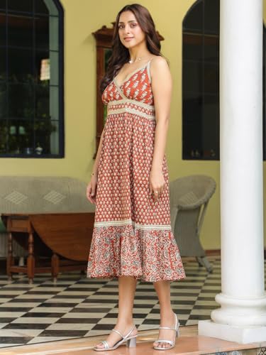 Image of SAVI Women's Cotton Printed Midi Dress | Sleeveless V-Neck A-Line Flared Kurti Style Long Dress | Casual Summer Ethnic Wear for Women