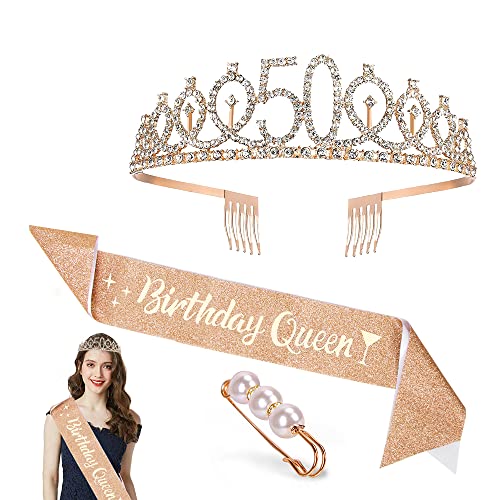 Zaloife 50. Geburtstag Krone Schärpe, Geburtstag Tiara Gold Geburtstag Schärpe Haarnadel, Junggesellinnenabschied Set für 50 Geburtstag Deko Geschenk Frauen Party Accessoires Cover