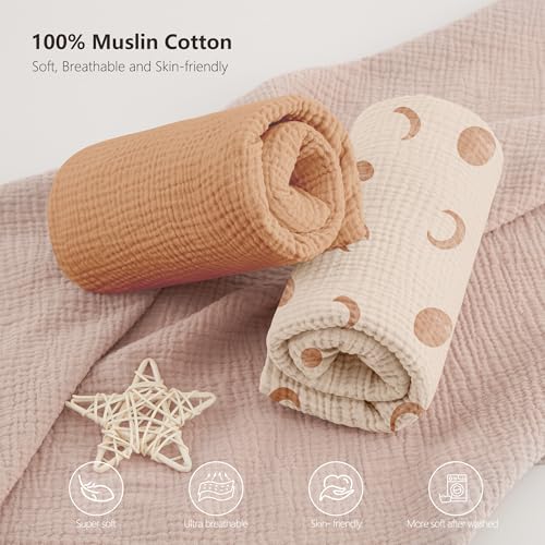 Image of Bearmoss Muslin Crib Sheets 100% Cotton Baby Bed Sheets Soft&Breathable Nursery Sheet 52 inchx28 inch for Standard Crib Mattress&Toddler Bed Mattress - 2 Pack (Brown Moon)