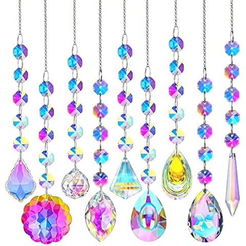 KANPURA 9 PCS Crystal Rainbow Suncatchers, Hanging Crystals Sun Catchers with Chain for Windows, Colorful Suncatcher Prism Pendant Hanging Crystals for Home Wedding Decor Cover