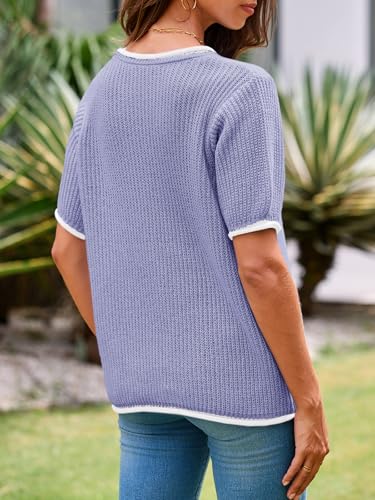 Image of Saodimallsu Womens Puff Short Sleeve Sweater Tops Spring Summer Color Block Ribbed Knit Crew Neck Going Out Shirts