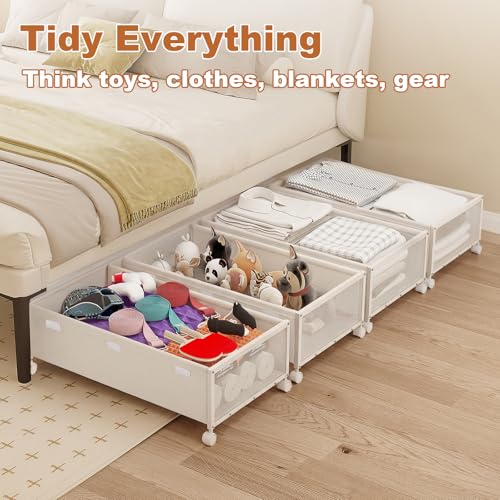Image of 2 Pack Under the Bed Storage Containers,10 inch Height Under Bed Shoe Storage,31inch Long Underbed Storage with Wheels,Large Rolling under bed Clothes Storage Drawers with Lid for Dorm Tall ,Ivory