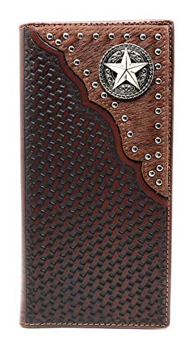 Western Genuine Leather Cowhide Cow fur Basketweave Star Men's Long Bifold Wallet in 3 colors (Coffee)