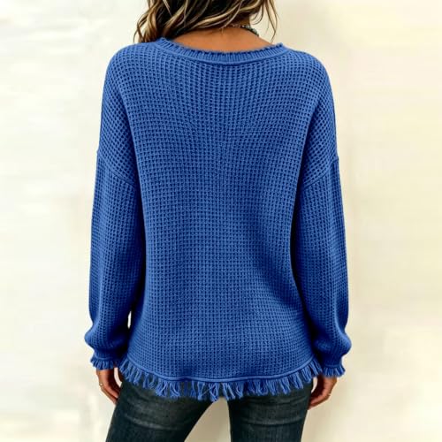 Waffle Knit Tops For Women Vintage Long Sleeve V Neck Frayed Raw Shirts - image 3