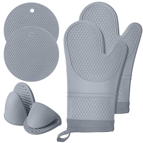 Lazebox Extra Long Silicone Oven Mitts with Soft Cotton Lining Non-Slip Textured Grip, Heat and Slip Resistant Oven Mitts with Pot Holders for Baking, Cooking, Gray