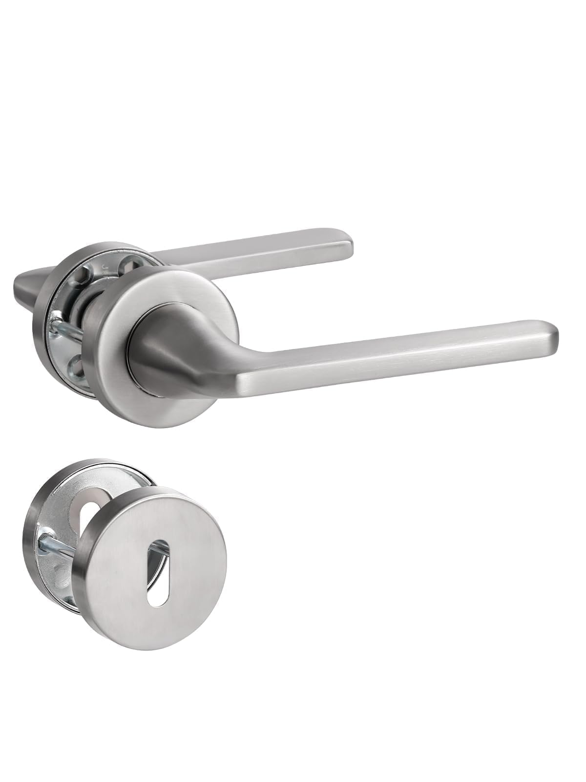 SORWDUERM Maniglia per porta in argento, set maniglia, acciaio inossidabile spazzolato opaco, maniglia per porta d'ingresso e porta interna, forma a L, rosetta rotonda, BB - Maniglia per letto