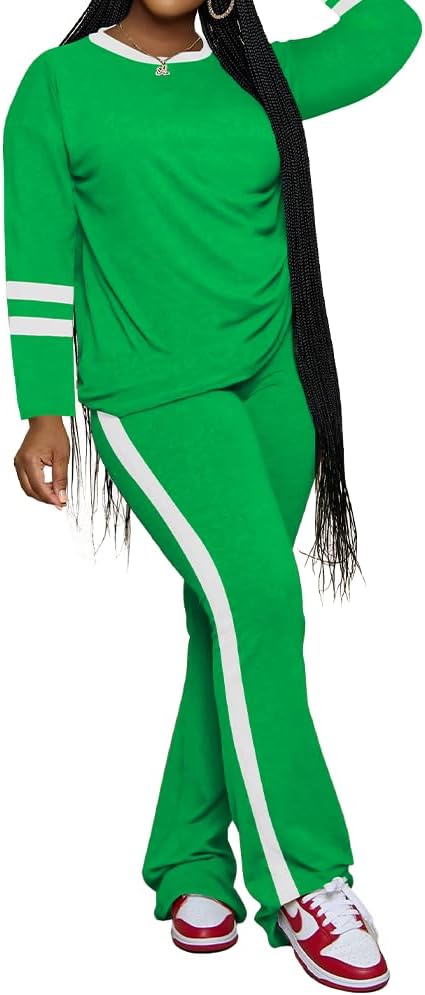 PINSV 2 Piece Sets for Women Fall Casual Outfits Long Sleeve Top and Flare Pants Lounge Sets Track suit